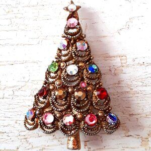 Vintage Hollycraft Christmas Tree Rhinestones Brooch Pin Gold Tone